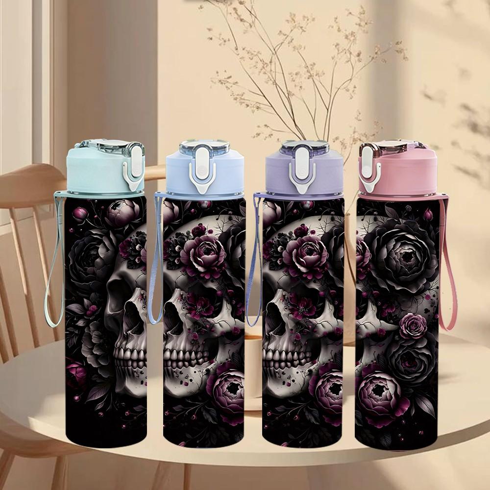 1PC Dark Skull Rose Mystic Gothic Art Print 750ml Color Plastic Sports Water Bottle Leakproof Flip Straw Lid Suitable for Sports Office Home Use