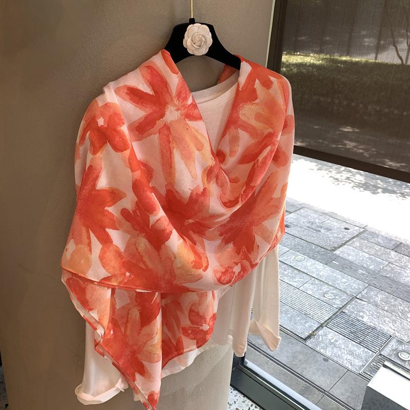Classic Versatile Flower Printed Silk Scarf Women'S Spring And Autumn Summer Thin Long Sunscreen Scarf Travel Shawl