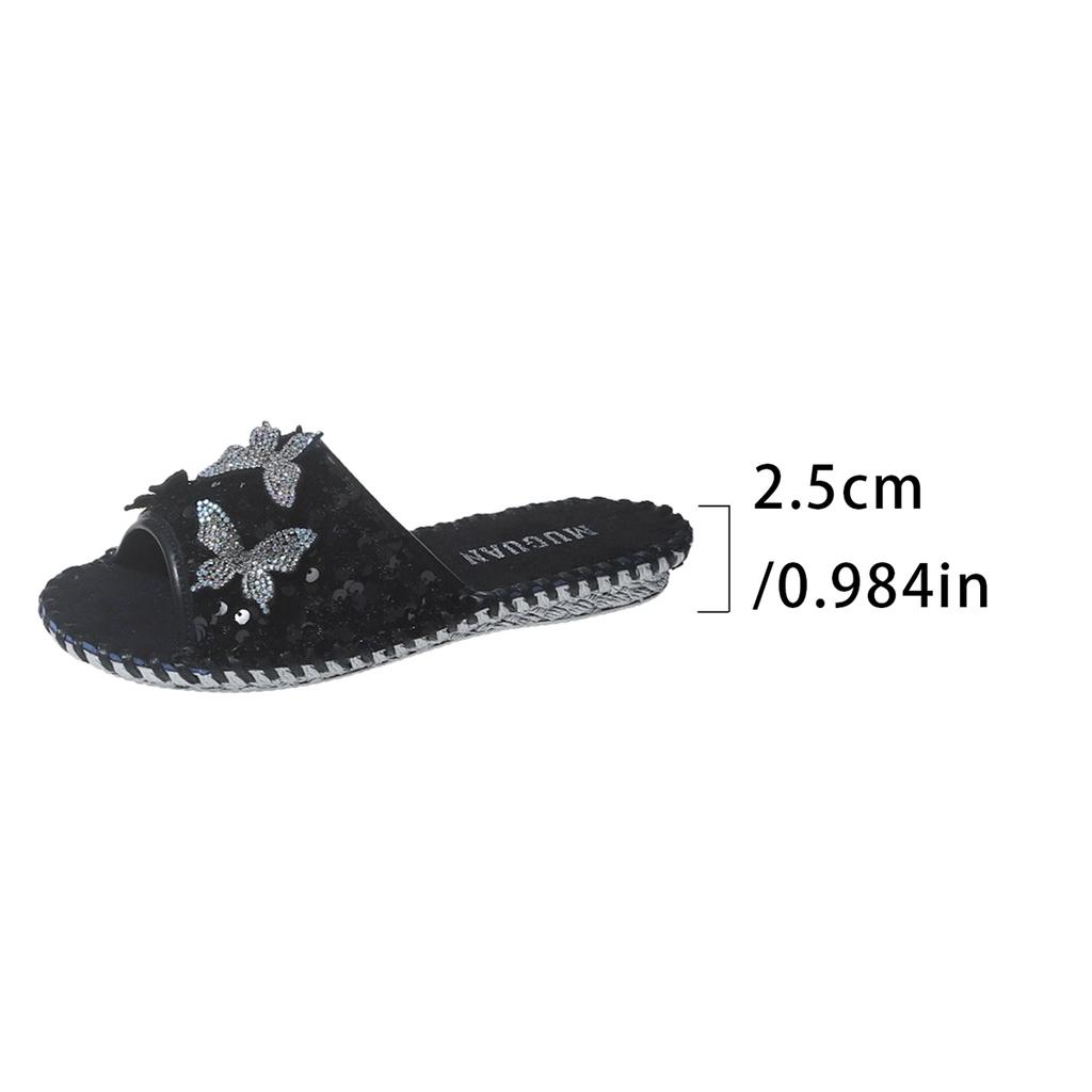Mode Glitzernde Hausschuhe Damen 2024 Neu Sommer Mode Pailletten Schmetterling Strass Sandalen Lässige Ballerinas Baumwollhausschuhe Pantoletten Damen