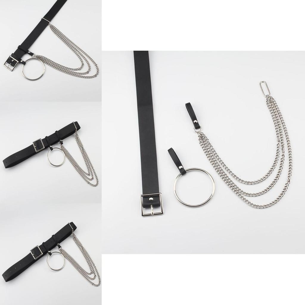 Fashionable Black Waist Belt With Circular Ring And Chain Tassel For Men And Women Fashion Accessory