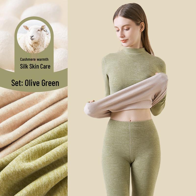 Women's Cashmere Silk Thermal Underwear Set: Seamless Autumn/Winter Top and Bottoms with Thickened Velvet