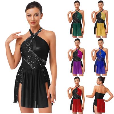 Womens Figure Skating Leotard Sparkle Rhinestone Irregular Hem One Piece Bodysuit Dress Ballet Latin Dance Costume