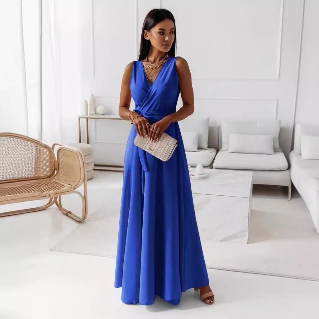 2024 Europäisches & Amerikanisches V-Ausschnitt Einfarbig Langes Abendkleid - Frühling/Sommer Damenkollektion