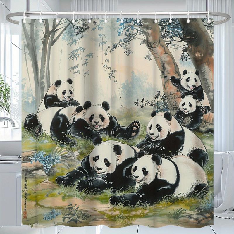 Charming Panda Bathroom Set: 180.34Cm X 180.34Cm Artistic Shower Curtain, Non-Slip Bath Mats, Toilet Seat Cover, And U-Shaped Ru