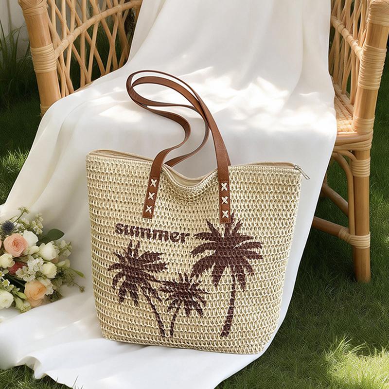 Summer Large Capacity Straw Beach Women's Tote Bags Coconut Tree Pattern Handbag Leather Strap Beach Shoulder Bag