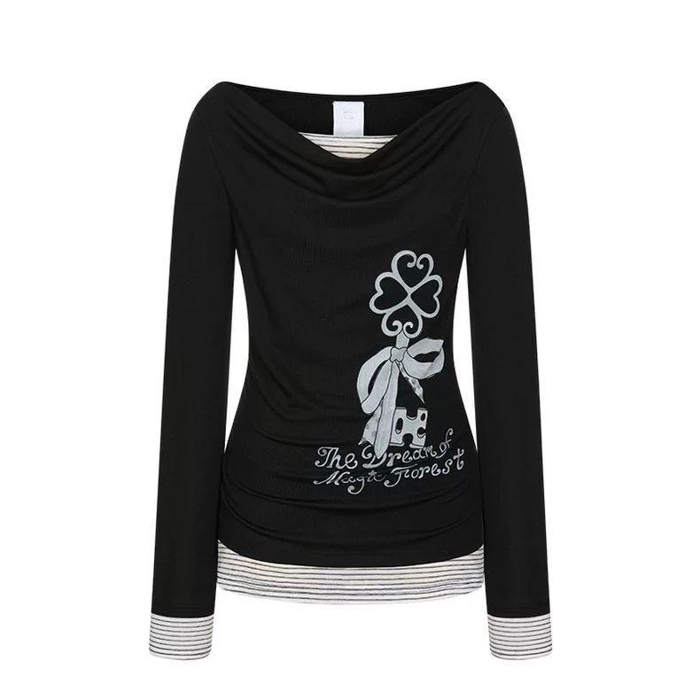 Y2k Aesthetic Fake Two Pieces T-shirt Harajuku Polka Dot Patchwork Casual Tops Women Printing Grunge Slim Fit Tshirts