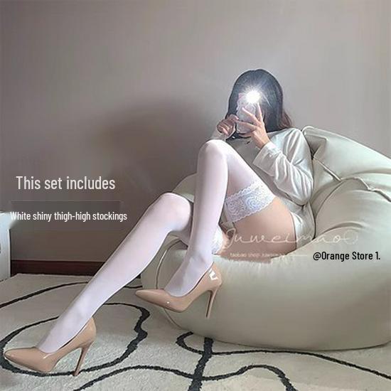 Elegant White Silk 3D Lace Camisole with Black Silk Non-Slip Thigh-High Stockings - Women's Sexy Sheer Over-the-Knee Core-Spun Silk Stockings