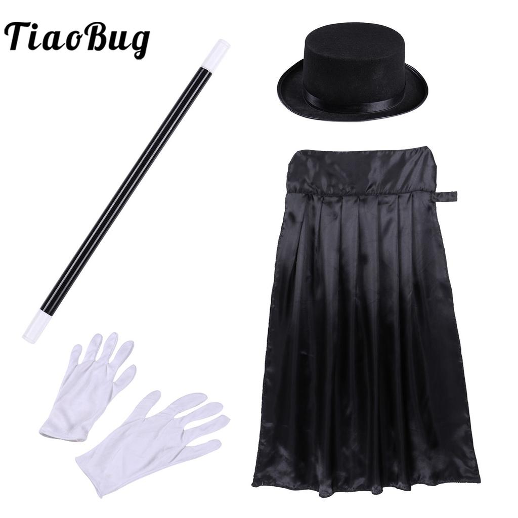 Kids Magician Costume Outfit Boys Girls Cape Hat Magic Wand Gloves Necktie Set for Halloween Cosplay Magician Dress Up Kit