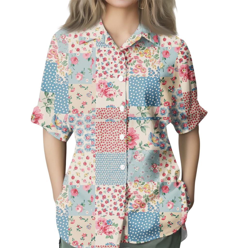 Women's Fashion 3/4 Sleeve Casual Lapel Back Tie- Floral Print T-Shirt Top