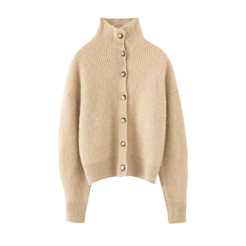 Heavyweight Cashmere Slim Fit High Neck Cardigan: Autumn/Winter European American Style Women's Sweater