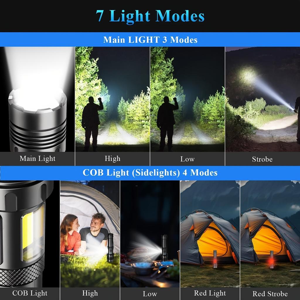 LED Flashlights, 90000 Lumens Zoomable 7 Modes Rechargeable Flash Light For Outdoor Home Hiking Camping Essentials