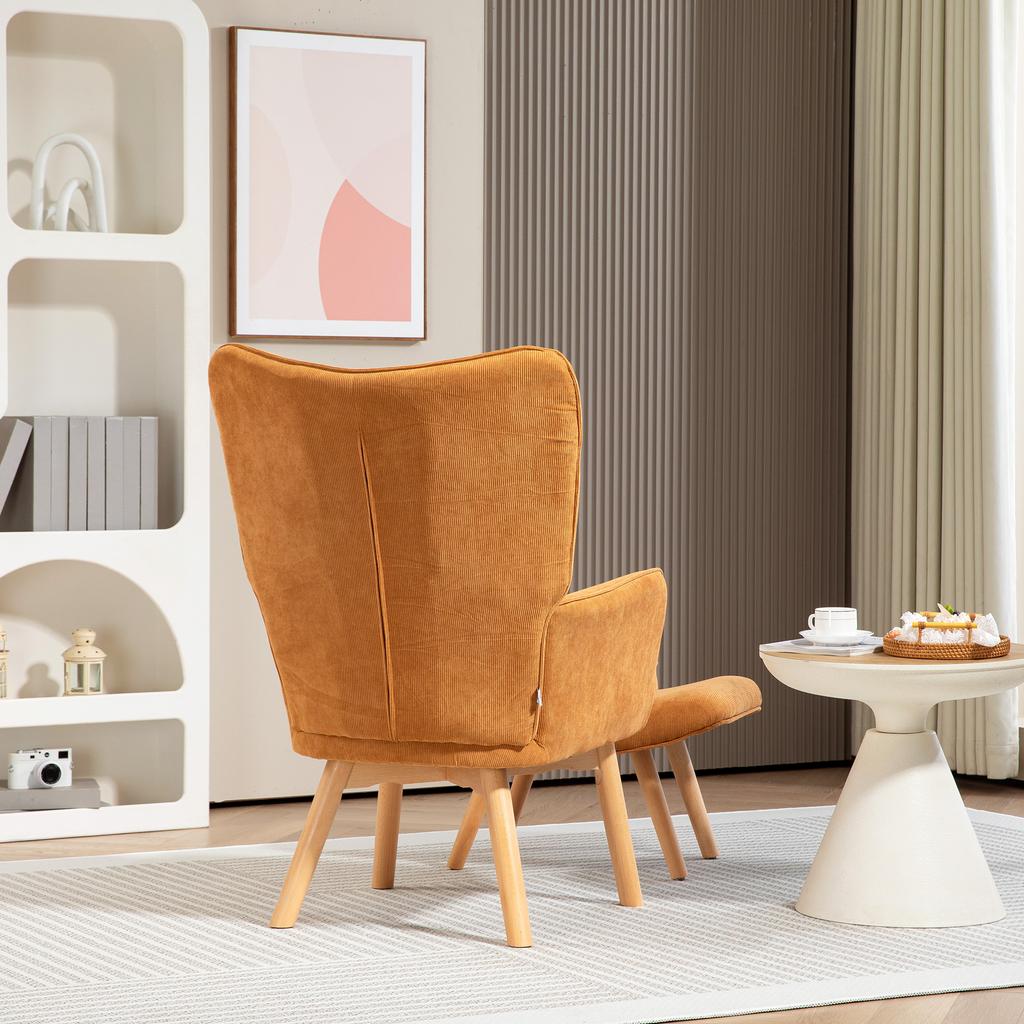 Accent Chair with Stool, Recliner In Corduroy Look, Armchair with Wooden Legs, for Living Room, Brown