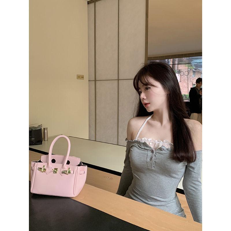 Sexy pure lace small suspender one-word shoulder dress women's spring Korean thin two-piece hip skirt tide