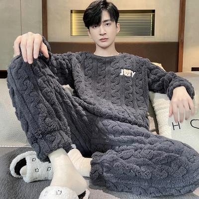 Men's Pajamas Coral Fleece Autumn and Winter Plus Velvet Thickened Men's Boys Winter Warm Flannel Home Service Suit