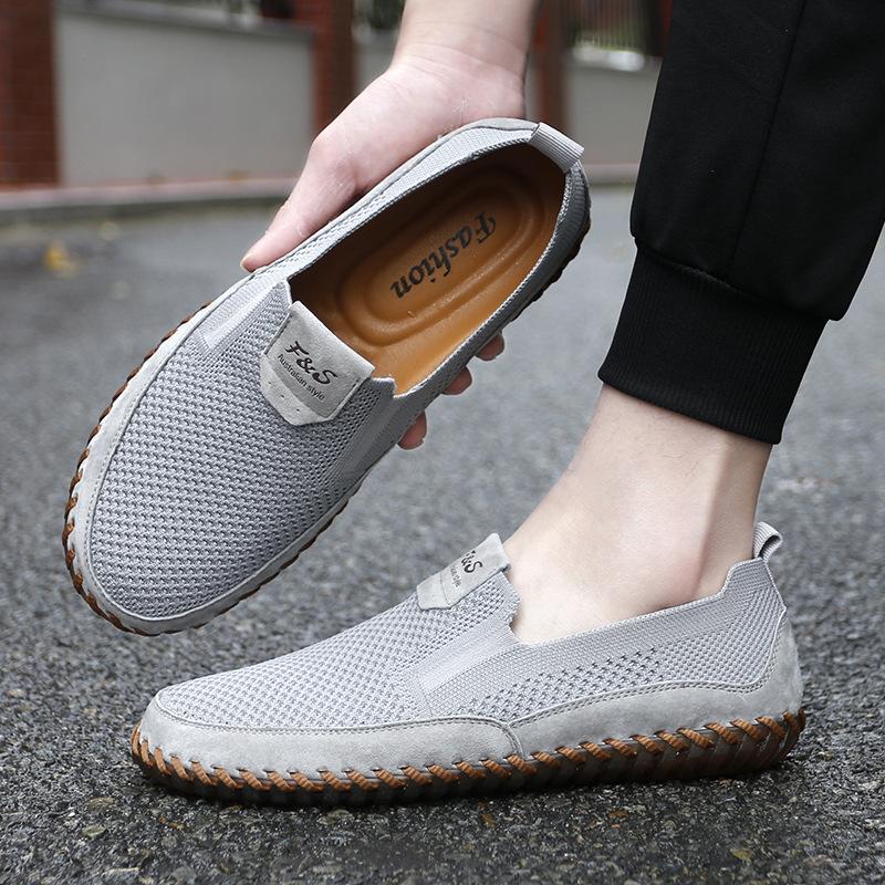Spring and Summer New Driving Fashionable Shoes Lazy Fly Woven Mesh Casual Shoes Men's Genuine Leather Shoes