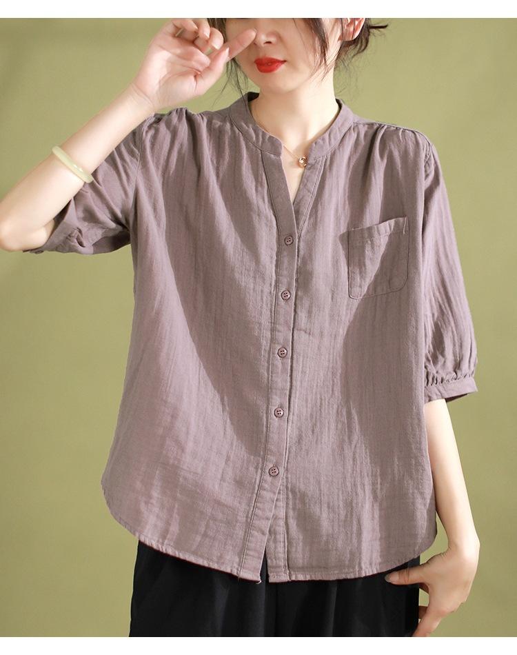 Fan basic solid color cotton short-sleeved shirt women's summer new loose and thin semi-open neck cardigan top