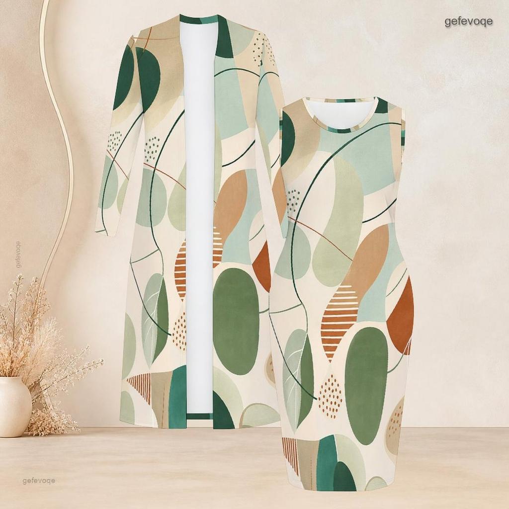 Women Plus Size Printed Two Piece Set Long Sleeve Open Front Cardigan Sleeveless Bodycon Dress