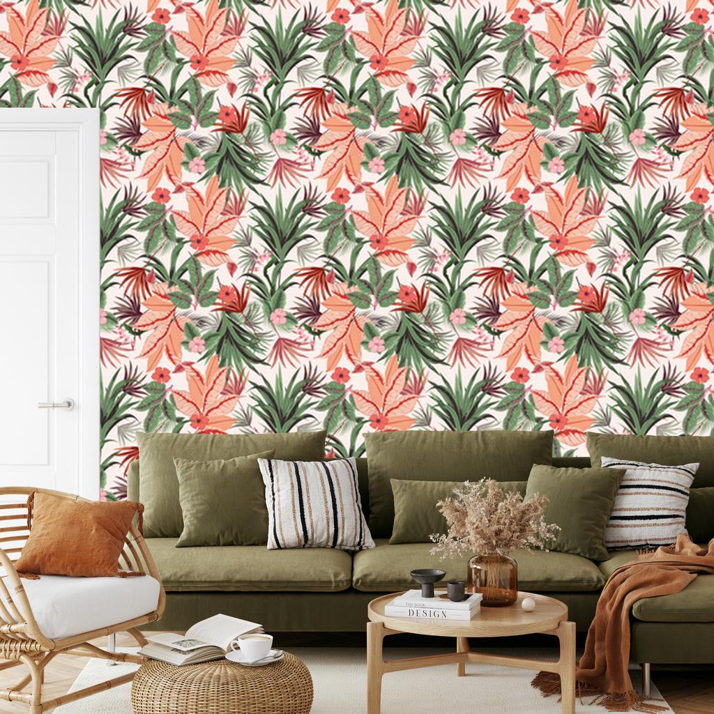 Exotic Tropical Leaves Flowers Wallpaper for Living Room and Bedroom 50x1000
