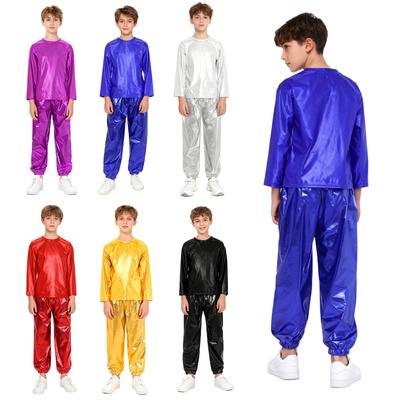 Kids Girls Dance Performance Outfit 2-Piece Set: Metallic Shiny Long Sleeve T-shirt & Matching Shiny Pants for Stage & Party