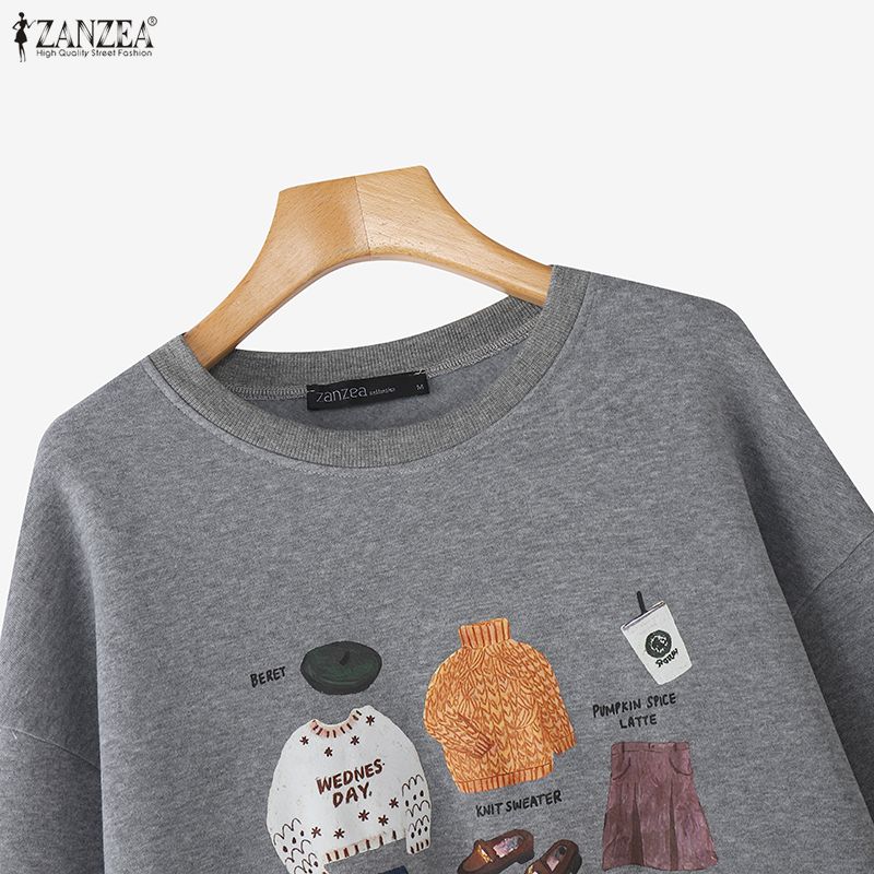 ZANZEA Women Casual Round Neck Long Sleeve Autumn Print Pullover Tops