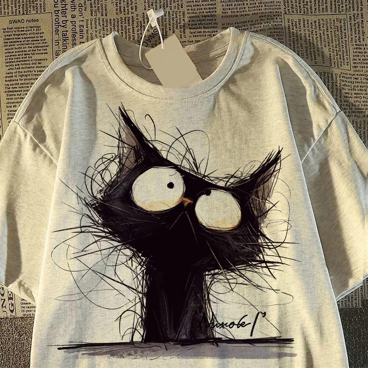 

Футболка из хлопка с короткими рукавами для женщин с винтажным принтом в виде кошек, топы на лето M серый