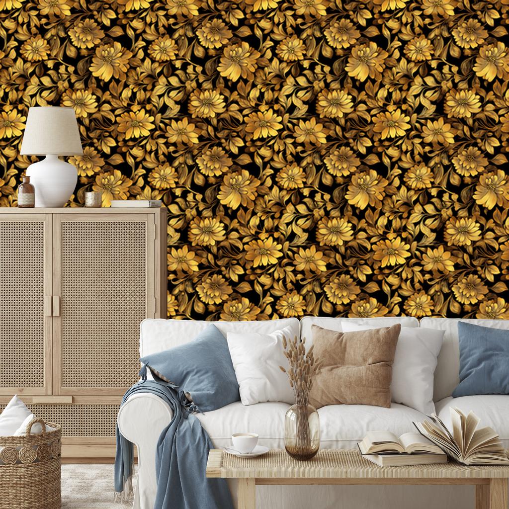 Golden Hibiscus Wallpaper Ochre and Gold, Clear Detail 50x1000