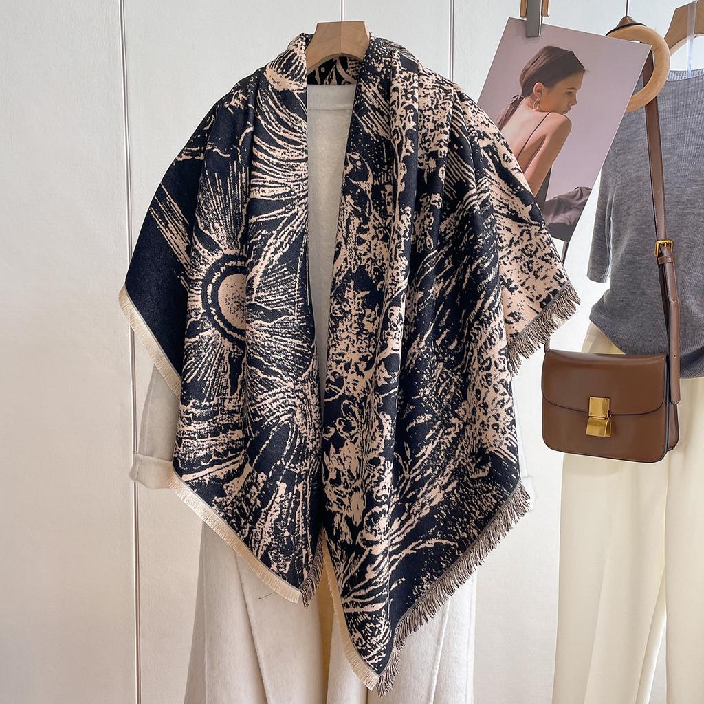 Korean Version Scarf Women'S Versatile Double-Sided Fringed Imitation Cashmere Shawl Fashion Flower Thickened Warm Scarf