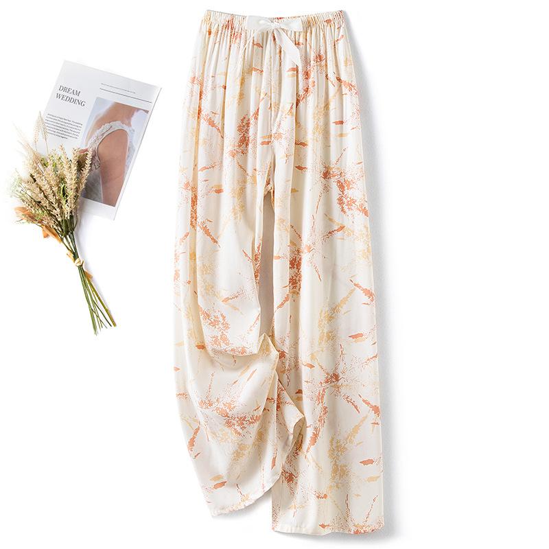 Pantaloni de pijama din bumbac mătase pentru femei, secțiune subțire de vară, anti-țânțari, pantaloni cu picior lat, culoare uni, pentru exterior, casă, petrecere a timpului liber, imprimeu, pantaloni de plajă până la genunchi
