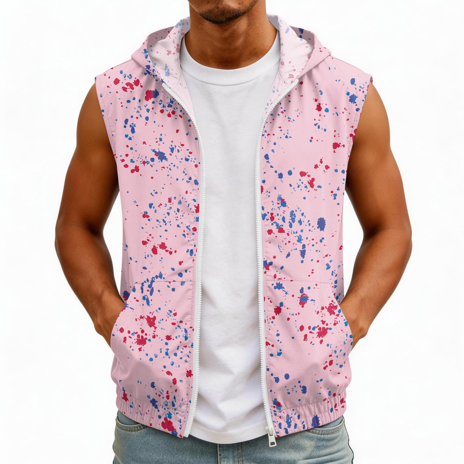 

Men s Lightweight Sleeveless Hooded Sun Protection Shirt with Ink Print Design and Functional Pockets Suitable for Outdoor Activities L