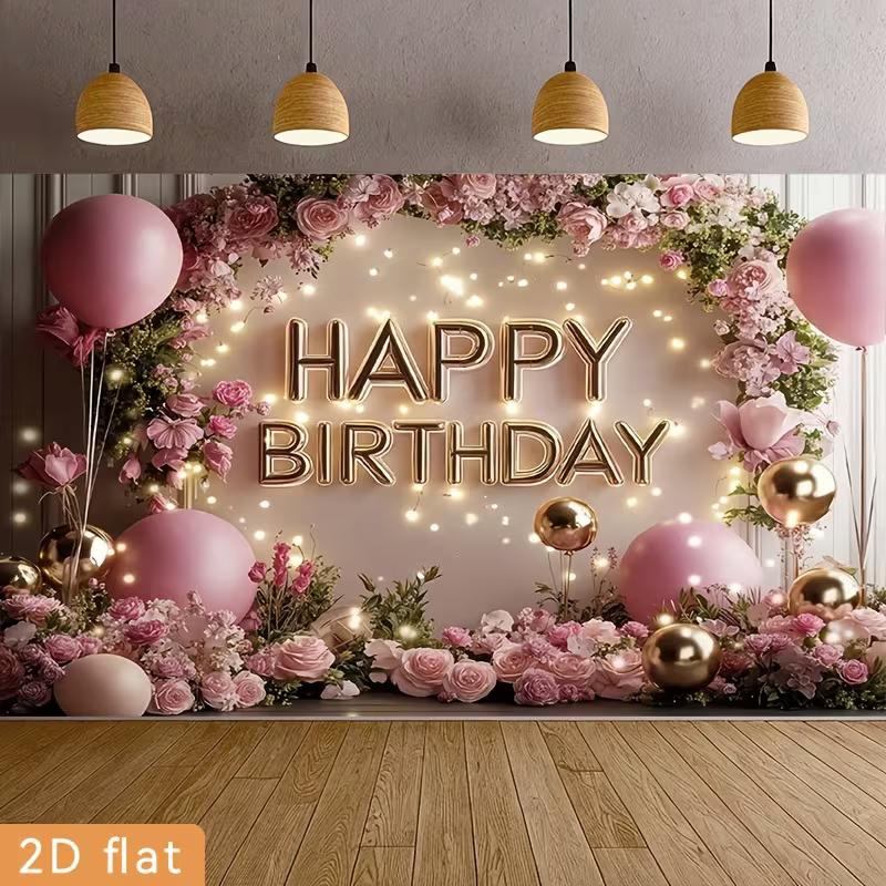 2D Pink Floral Happy Birthday Backdrop for Women/Girl Birthday Party Decoration