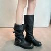 Retro Spice Girl Fashion Wide Tube Big Tube Circumference Round Head Pants Boots Thick Heel Thick Bottom Medium Length Knight Boots Women