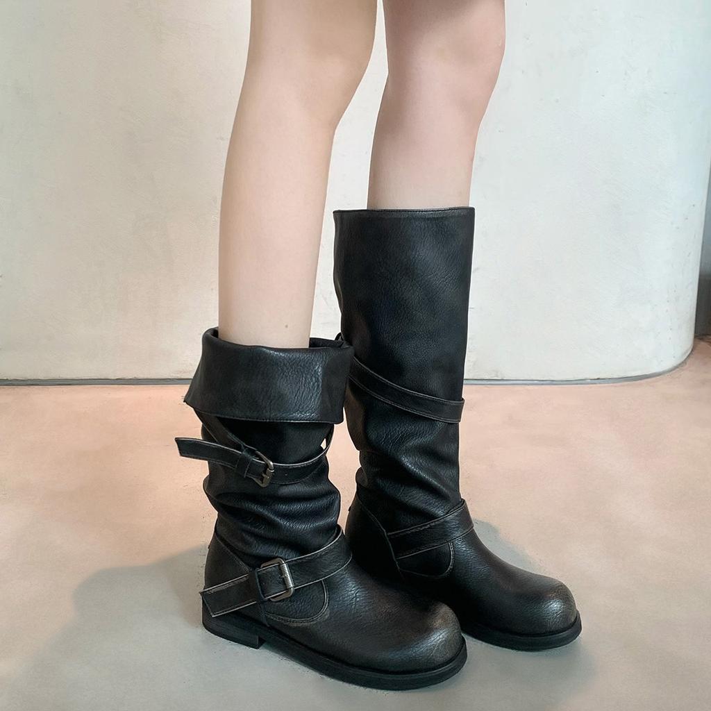 Retro Spice Girl Fashion Wide Tube Big Tube Circumference Round Head Pants Boots Thick Heel Thick Bottom Medium Length Knight Boots Women