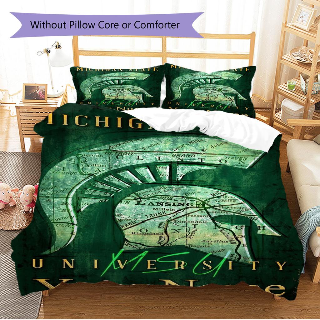Name Custom Michigan State Spartans Pattern Bedding Set Quilt Cover Pillowcase Home Decor Gift (1 * Duvet Cover + 2 * Pillowcase, Without Core)