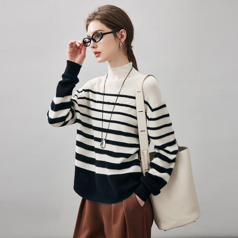 Kemeng Boka Women's 2025 Autumn/Winter Loose Fit Black and White Striped Cashmere Sweater