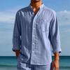 Men's Striped Linen Shirt Long-sleeved Collared Breathable Casual Shirt with Pockets
