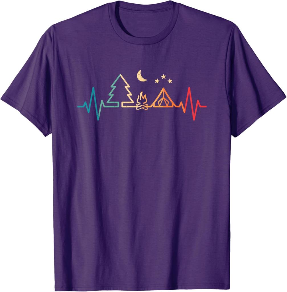 Retro Camping Heartbeat Nature Camper Hiking Men Boys TShirt