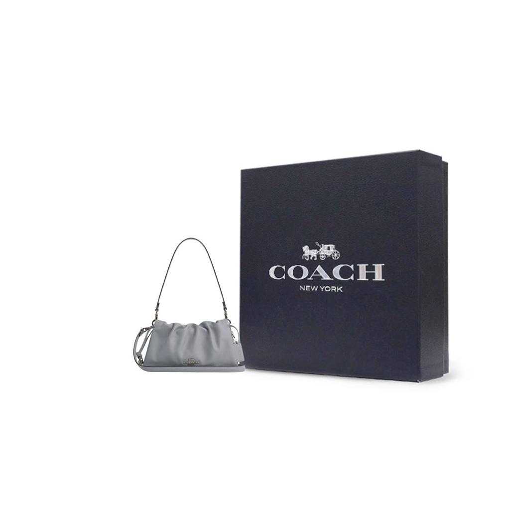 Coach Faye 26 Logo Drawstring Magnetic Closure Smooth Leather Cloud Bag Women Handbags Gray Blue CV529-QBN19