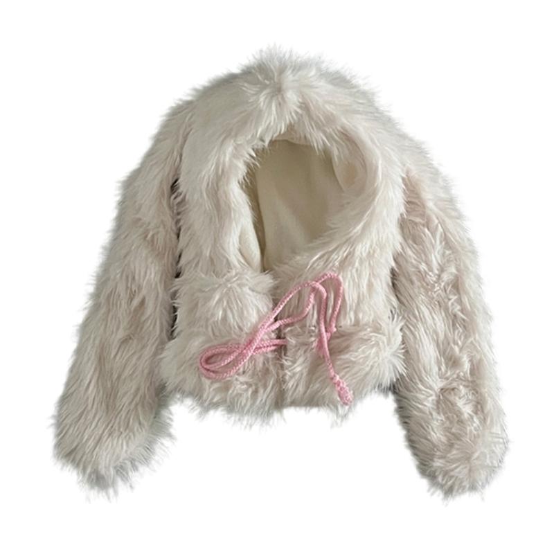 Furry Plush Hooded Hat Adult Lovely Balaclava Hat with Long Rabbits Ear 2000s Teens Girl Winter Warm Scarf Hat Daily Use