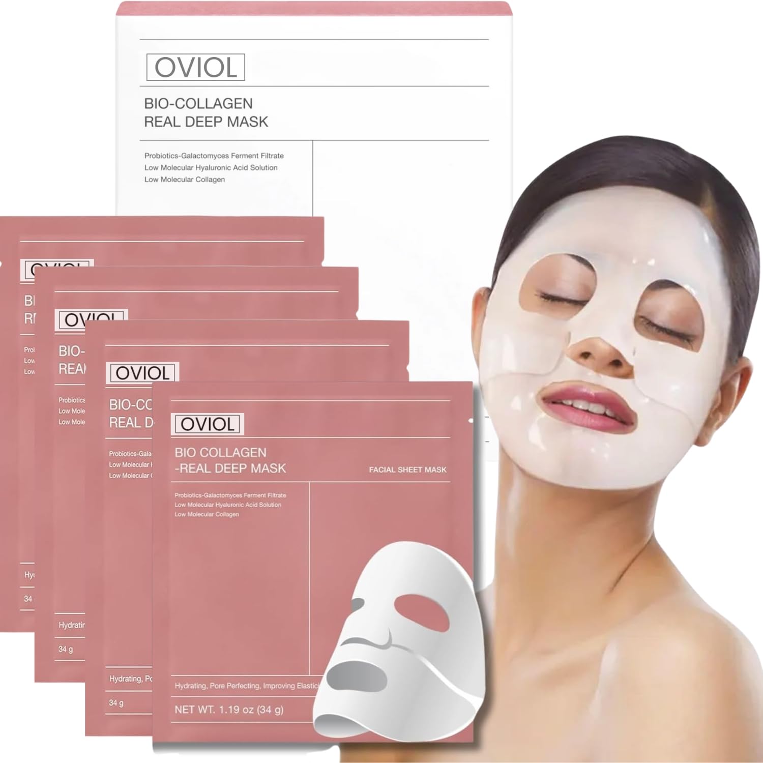 OVIOL Collagen Face Mask Pack of 4 Overnight Pack of 4 Deep Collagen Night Mask Korean Glass Skin Hydrogel Mask for Deep Hydration, Anti-Aging & Po