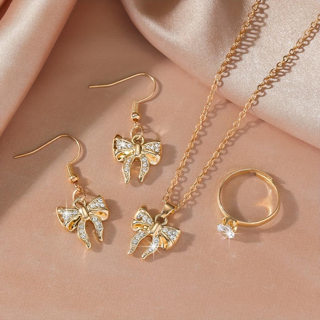 Women's Fashionable Four-piece Set of Necklace, Earrings, and Ring Is Perfect for Engagements, Weddings, Anniversaries, and Suitable for All Seasons
