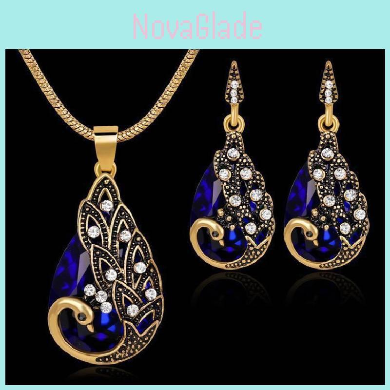 Exquisite European Vintage Peacock Jewelry Set Stunning Gemstone Necklace And Earrings