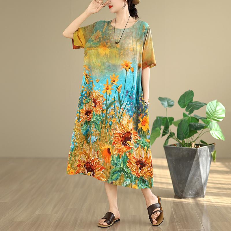 Kurzarm-Übergröße, Vintage-Kleid mit Blumenmuster, neu in Kleidern für Damen, lässig, locker, langes Sommerkleid