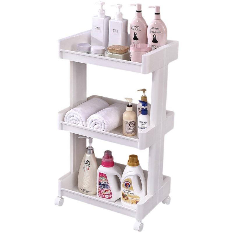 Wheeled Bathroom Shelf: Multi-Layer Floor-Standing Rack for Toiletries, Snacks, and Drinks Storage Cart.