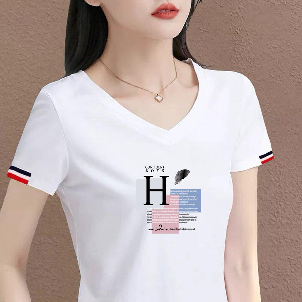 Women s Premium White V-Neck Tee with Letter Print & Color-Block Cuffs S