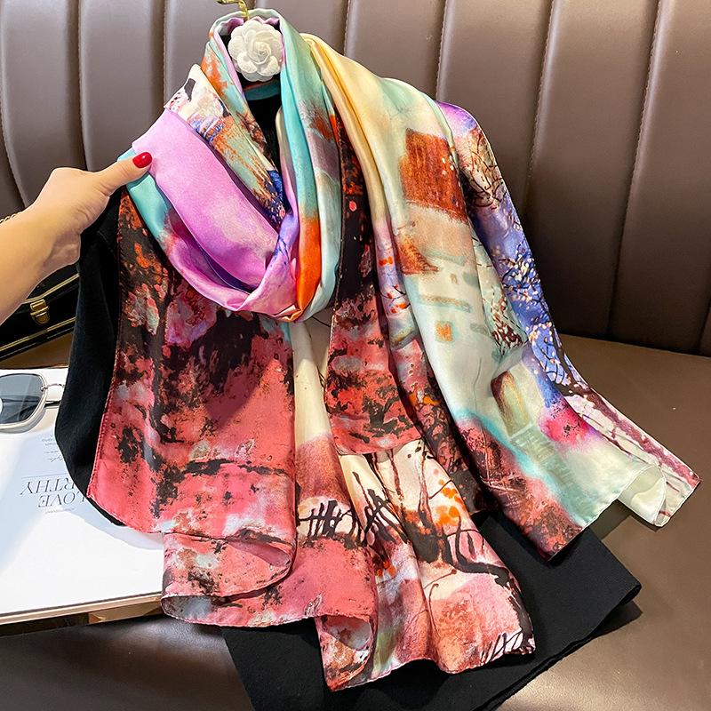 Painting Floral Design 100% Silk Feeling Scarf For Women 180X90Cm Shawl Wraps Luxury Female Hijab Headband Foulard Beach Stoles
