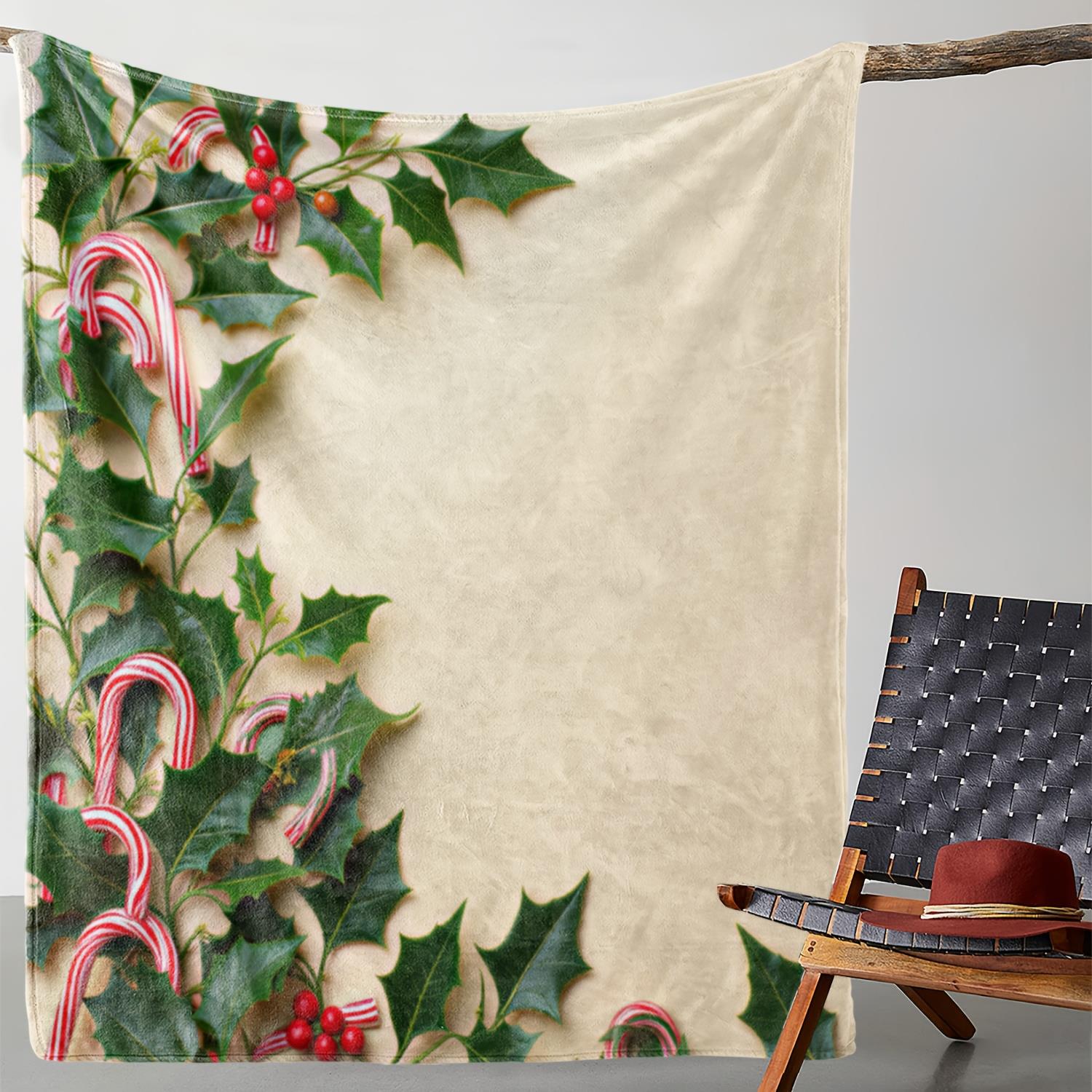 1pc Zeal Lily Luxury Christmas Flannel Blanket  Heavyweight Soft Warm Throw with Holly Leaves & Candy Canes Print, Beige 130x150cm51x59in