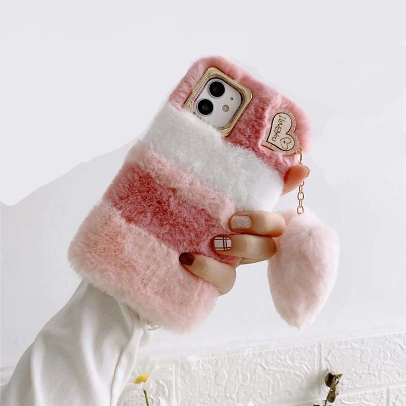 Lovely Love Heart Design Autumn and Winter Long Plush TPU Mobile Phone Cover Case for Iphone X Xr Xs 11 12 13 14 15 16 Pro Max