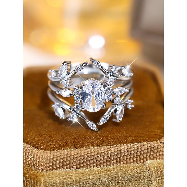 European and American Retro Floral and Leaf-patterned White Diamond Three-piece Ring Set Multi-layered Closed Crown Jewelry Set