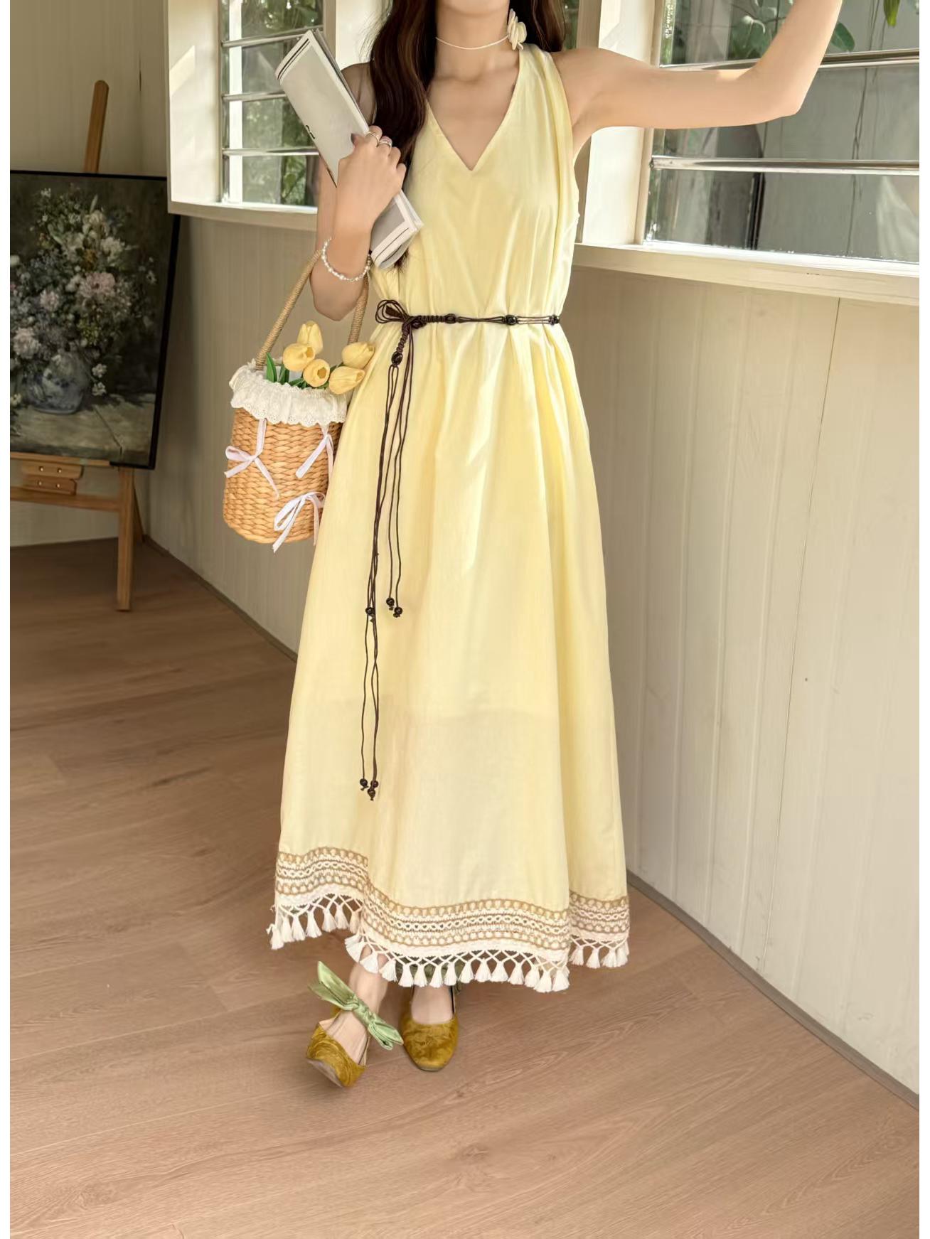 2026 Spring/Summer Sleeveless V-Neck Drapey Tassel Dress One Size