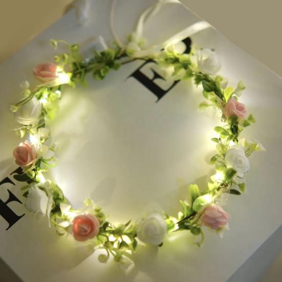 Couronne De Fleurs Artificielles Réglable Vert Et Blanc - Pour Mariage, Festival, Photo, Femme/fille, Diamètre 17-22 Cm